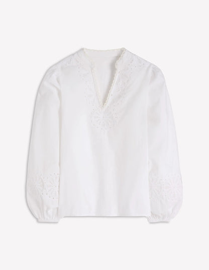 Embroidered Notch Neck Top-White