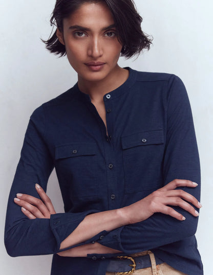 Topstitched Pocket Shirt-Navy