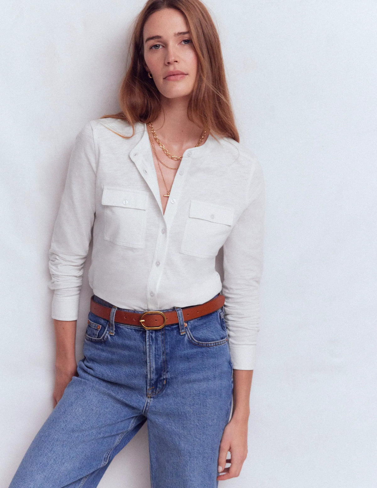 Topstitched Pocket Shirt-White