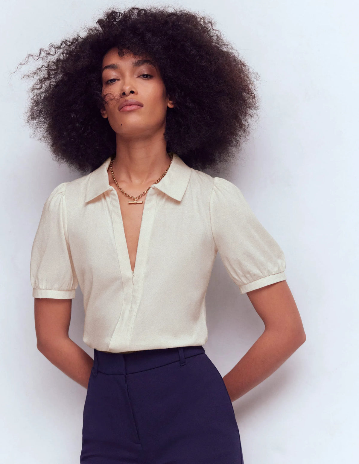 Short Sleeve Zip Collar Top-Ivory