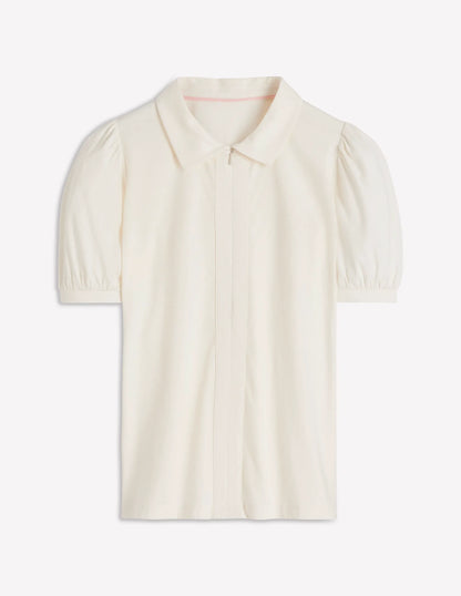 Short Sleeve Zip Collar Top-Ivory