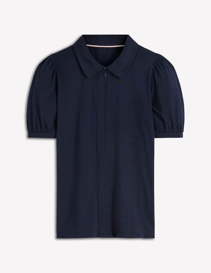 Short Sleeve Zip Collar Top-Navy