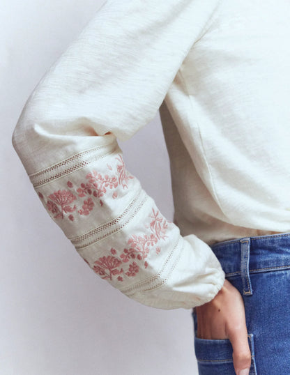 Rosie Embroidered Jersey Top-Ivory