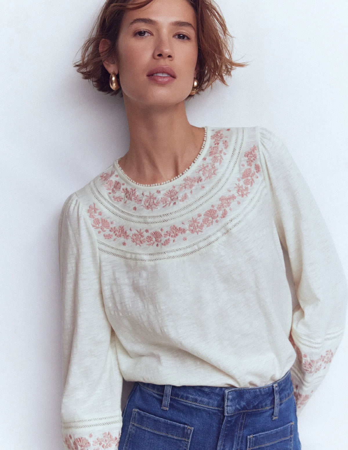 Rosie Embroidered Jersey Top-Ivory