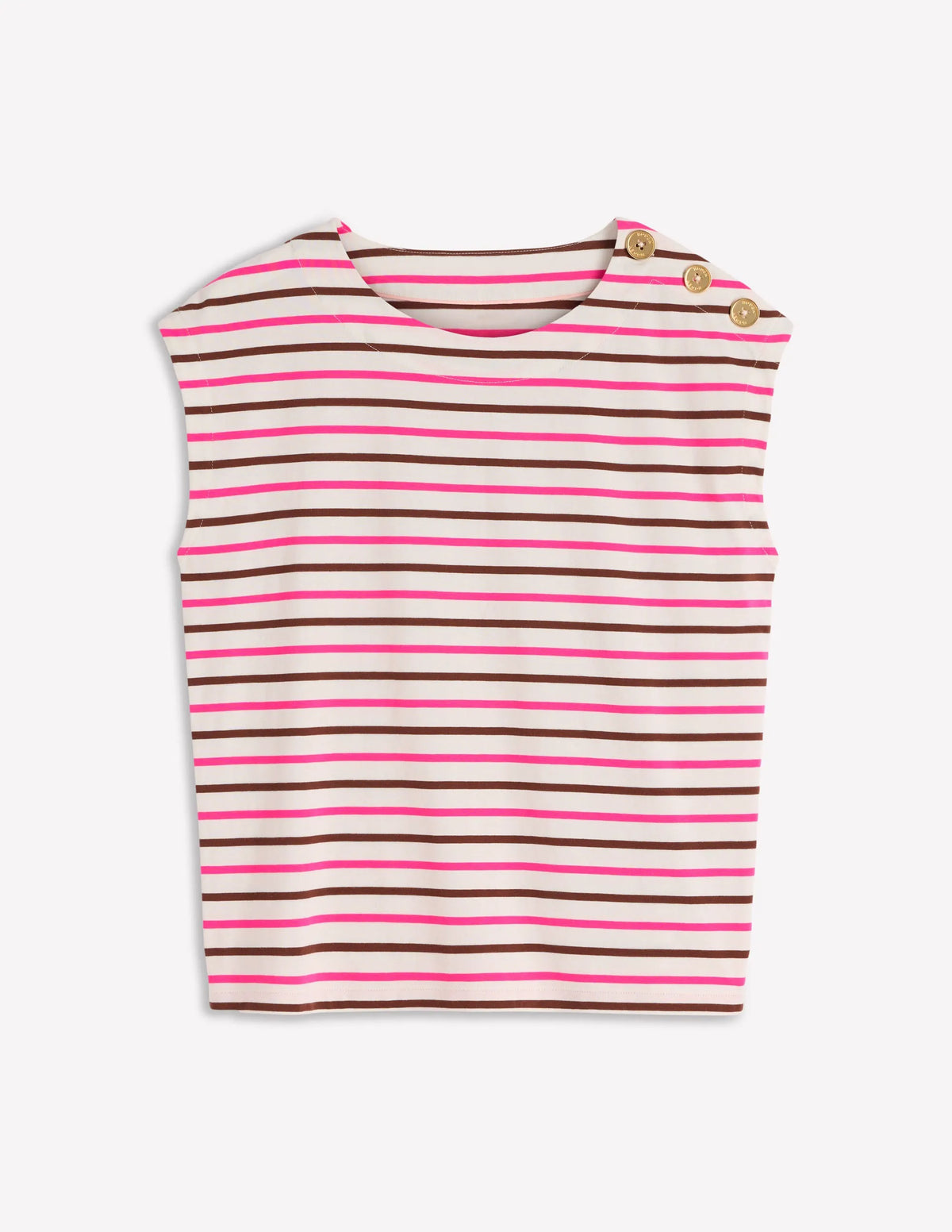Button Detail T-Shirt-Pink Peony, Raw Umber Stripe