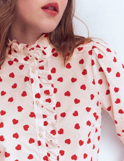 Isabel Ruffle Cotton Shirt-Ivory, Heart Confetti