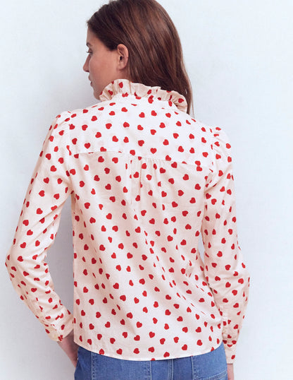 Isabel Ruffle Cotton Shirt-Ivory, Heart Confetti