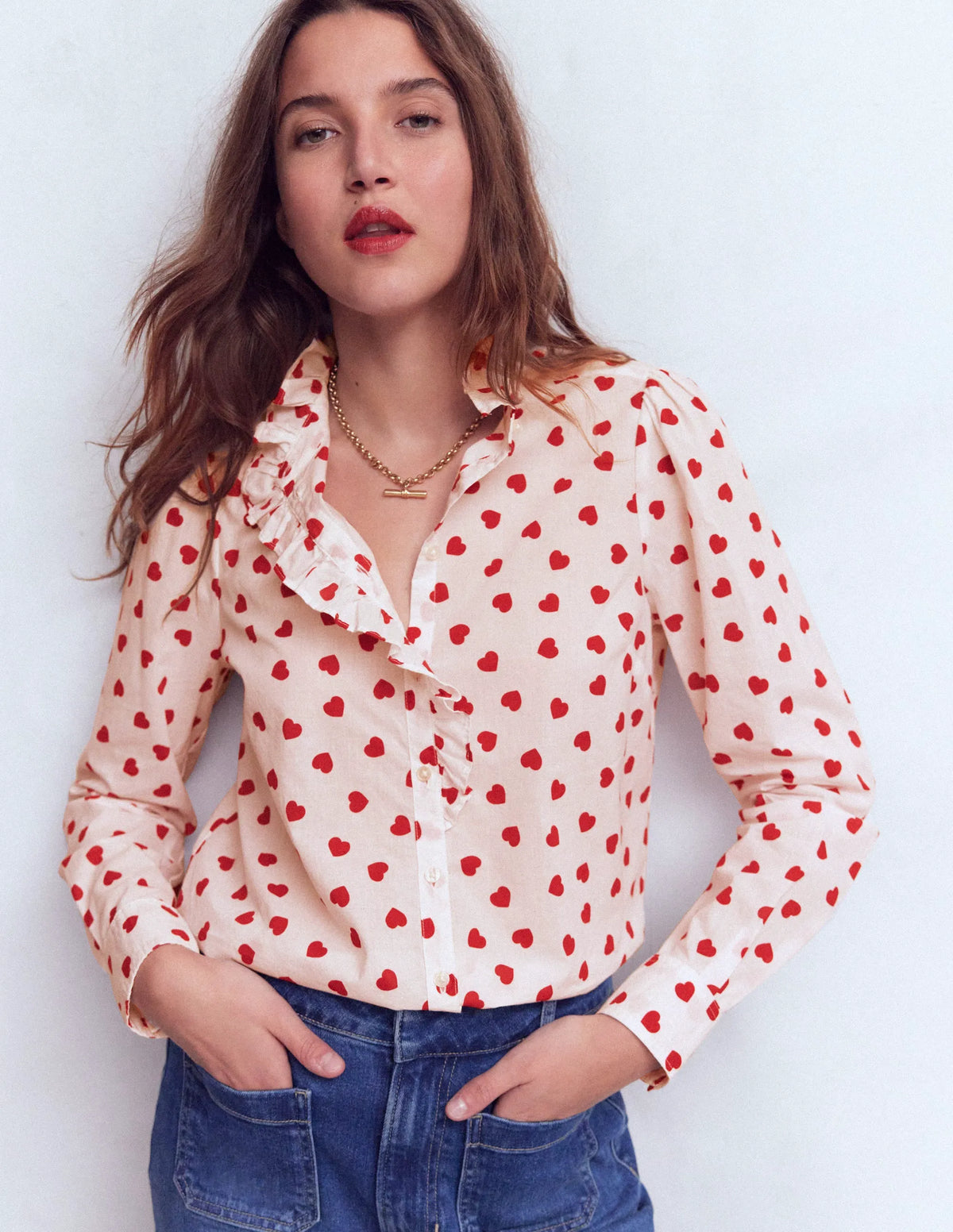 Isabel Ruffle Cotton Shirt-Ivory, Heart Confetti