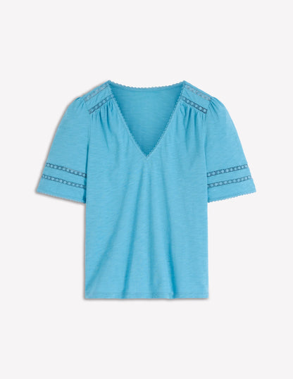 Poppy Trim V Neck T-Shirt-Duck Egg Blue