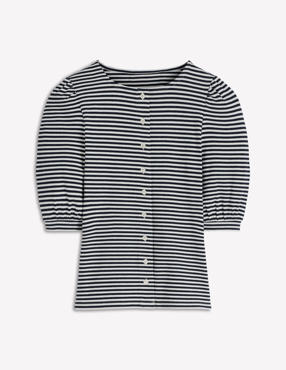 Evie Ribbed Puff Sleeve Top-Ivory, Navy Stripe