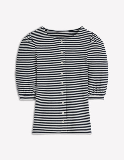 Evie Ribbed Puff Sleeve Top-Ivory, Navy Stripe