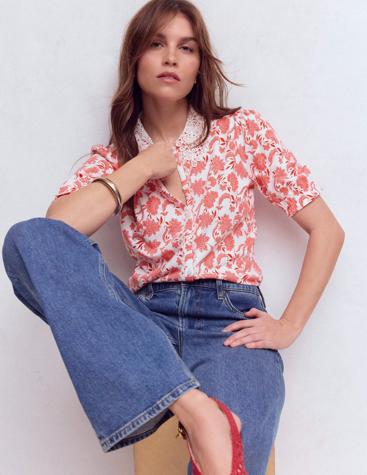 Nessa Broderie Collar Blouse-Pink Floral