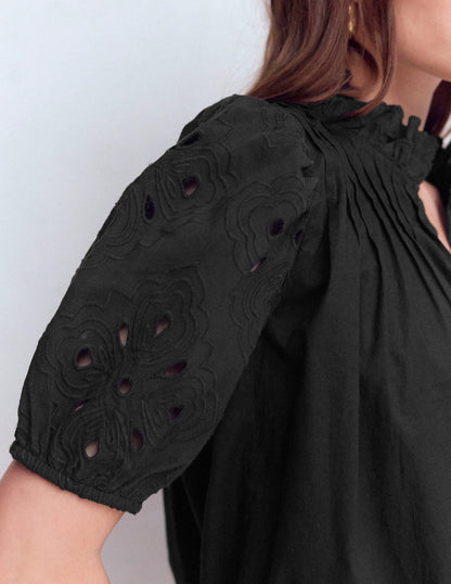 Cutwork Puff Sleeve Top-Black