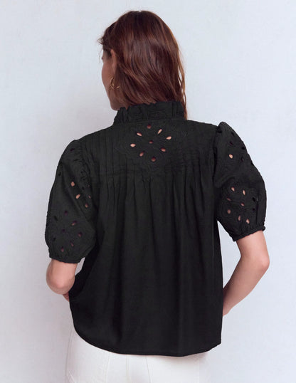Cutwork Puff Sleeve Top-Black