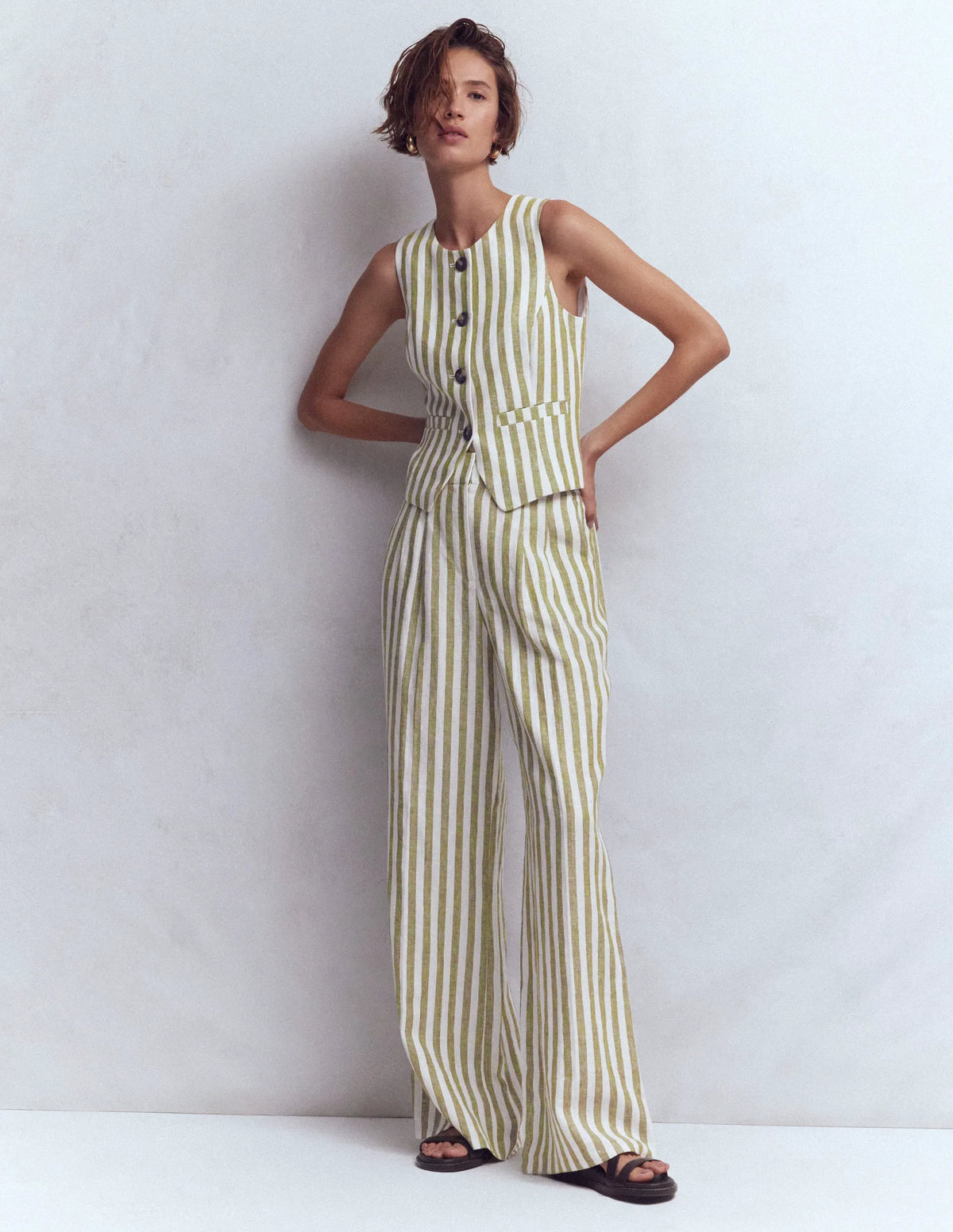 Linen Waistcoat-Olive, Ivory Stripe