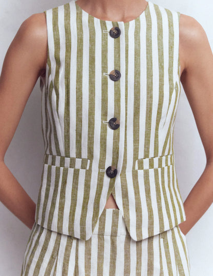 Linen Waistcoat-Olive, Ivory Stripe