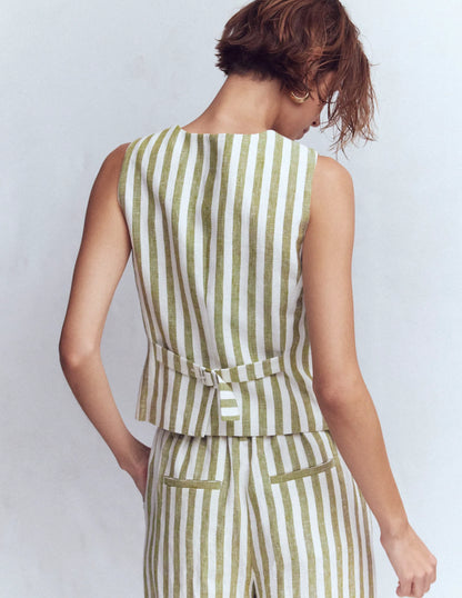Linen Waistcoat-Olive, Ivory Stripe