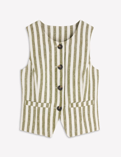 Linen Waistcoat-Olive, Ivory Stripe