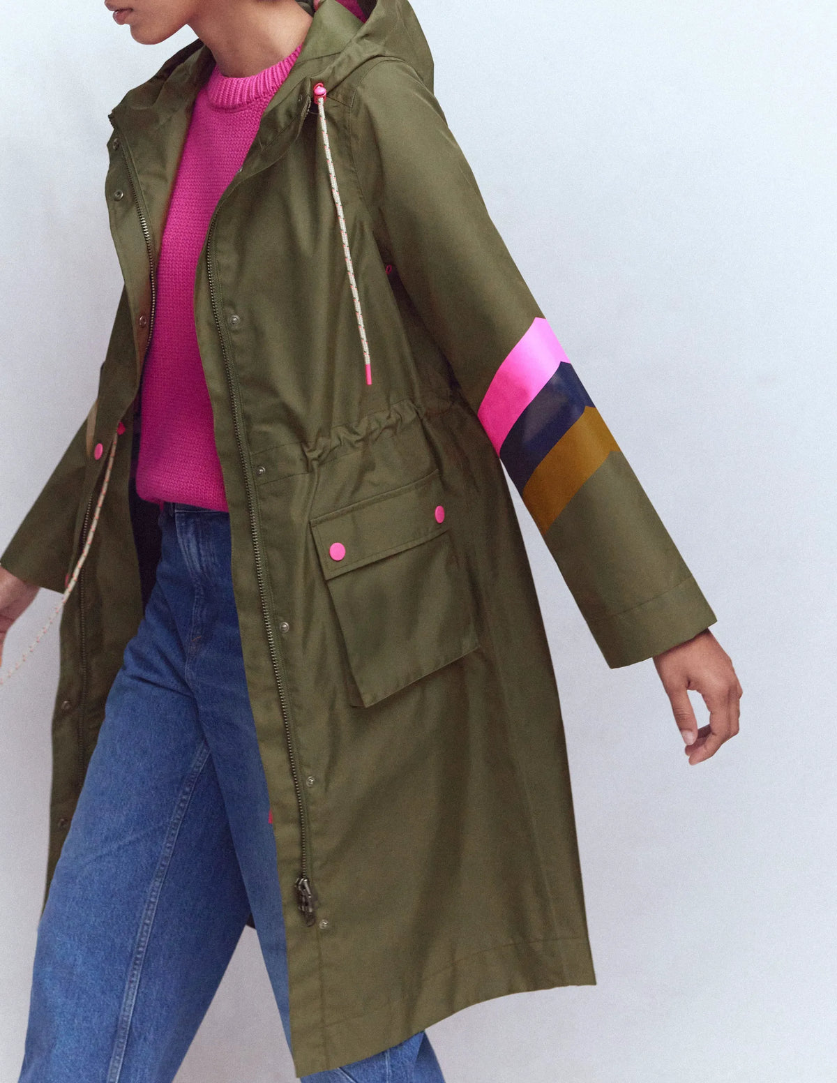 Striped Longline Rain Mac-Woodland Green Stripe