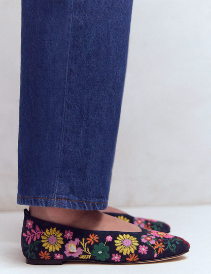High Cut Ballet Flats-Navy/Embroidery