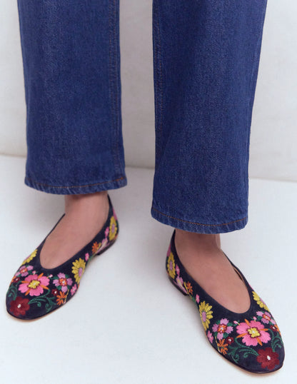 High Cut Ballet Flats-Navy/Embroidery