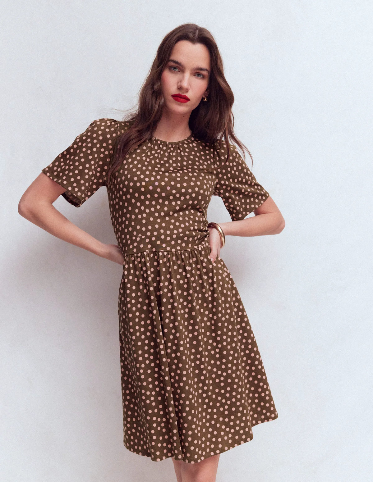 Louisa Short Jersey Dress-Raw Umber, Painted Dot