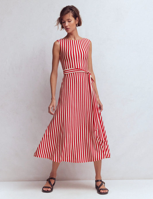 Tamsin Jersey Midi Dress-Merida Red and Ivory Stripe