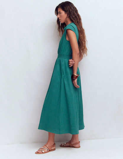 Alba Smocked Jersey Midi Dress-Drake Green