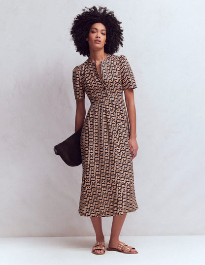 Ivy Button Linen Midi Dress-French Navy, Rope Trellis