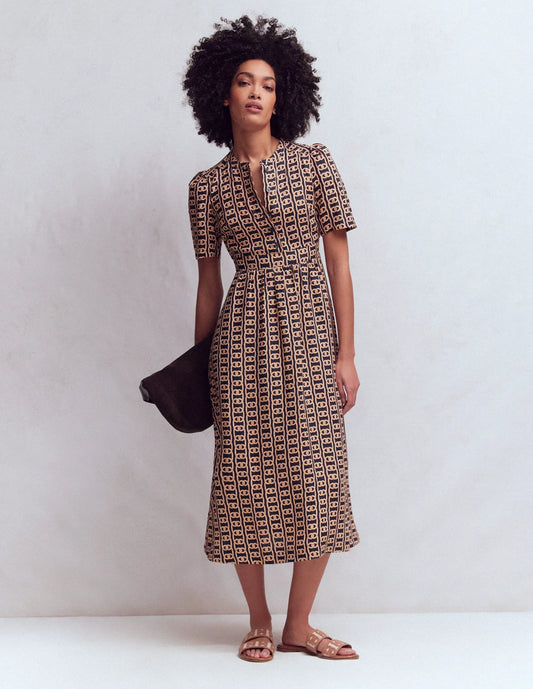 Ivy Button Linen Midi Dress-French Navy, Rope Trellis