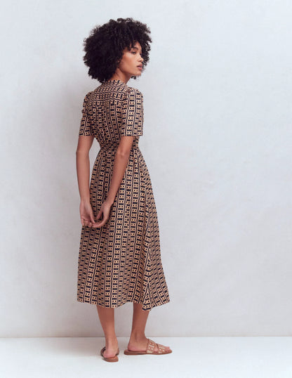 Ivy Button Linen Midi Dress-French Navy, Rope Trellis