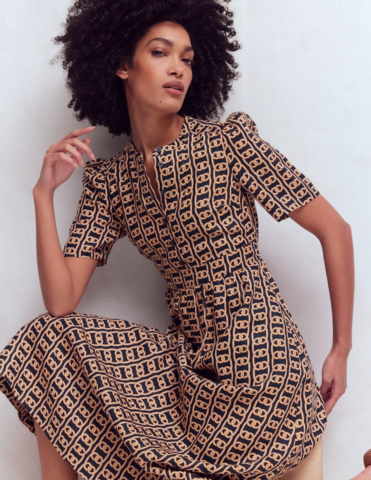Ivy Button Linen Midi Dress-French Navy, Rope Trellis