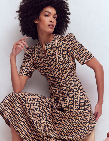 Ivy Button Linen Midi Dress-French Navy, Rope Trellis