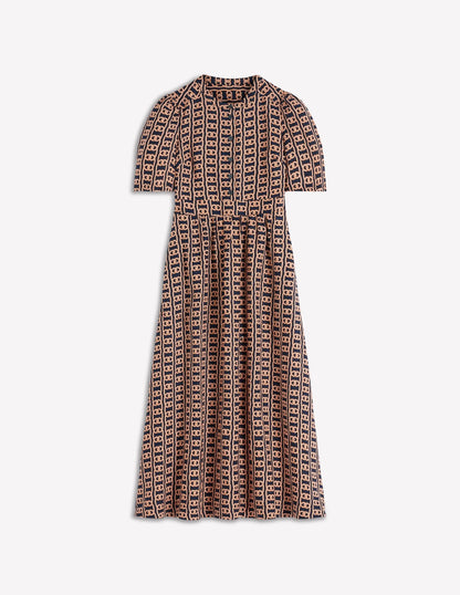 Ivy Button Linen Midi Dress-French Navy, Rope Trellis