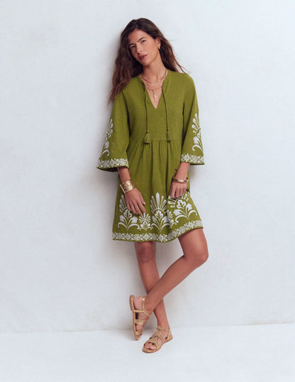 Short Kaftan Jersey Dress-Khaki Embroidered