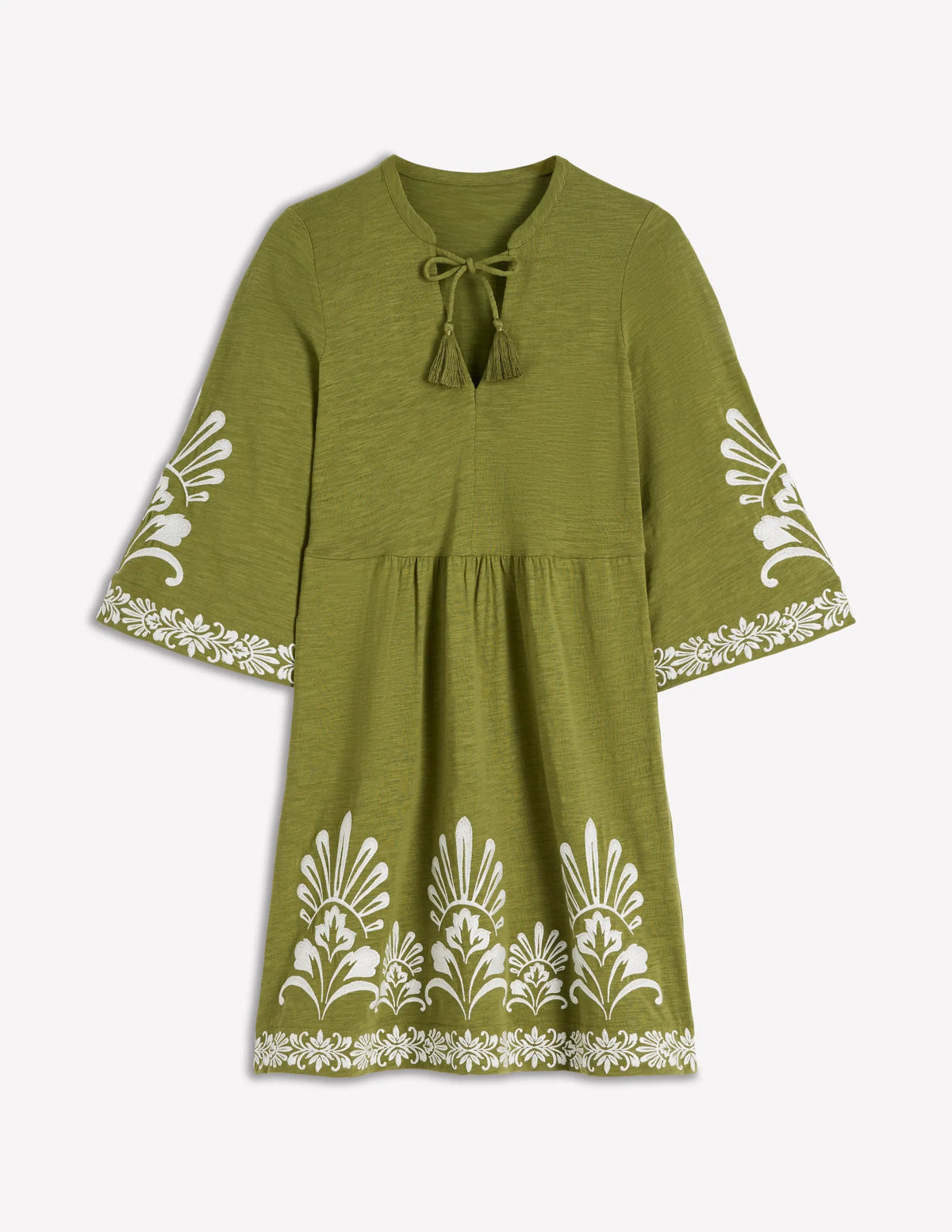 Short Kaftan Jersey Dress-Khaki Embroidered