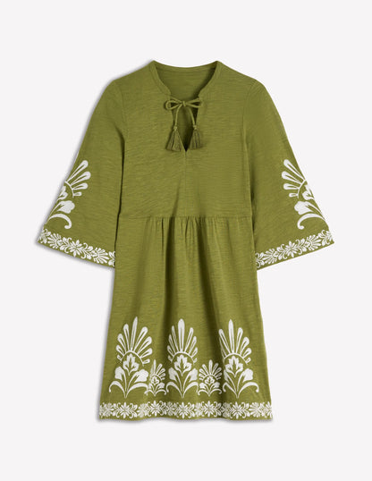 Short Kaftan Jersey Dress-Khaki Embroidered