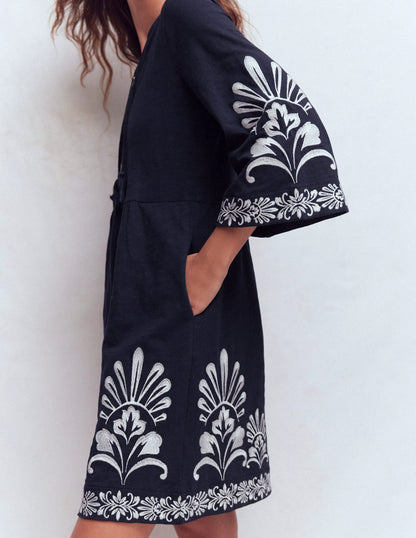 Short Kaftan Jersey Dress-Navy Embroidered