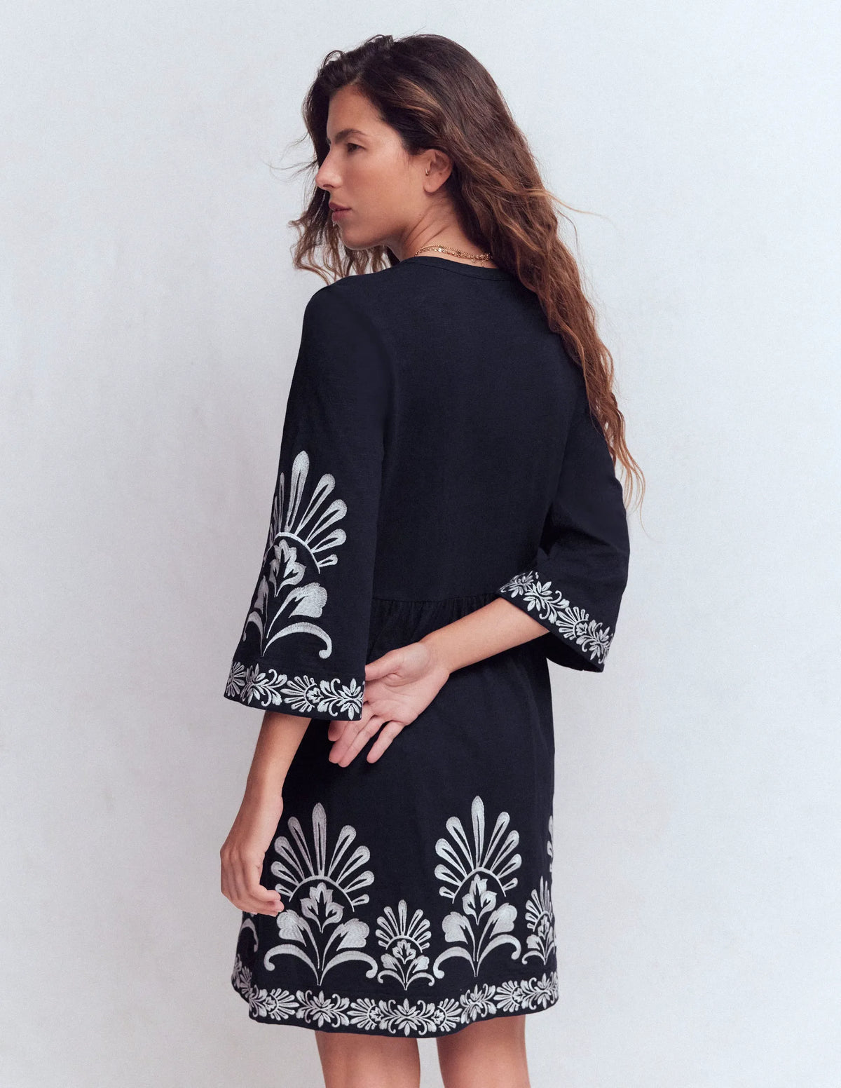 Short Kaftan Jersey Dress-Navy Embroidered