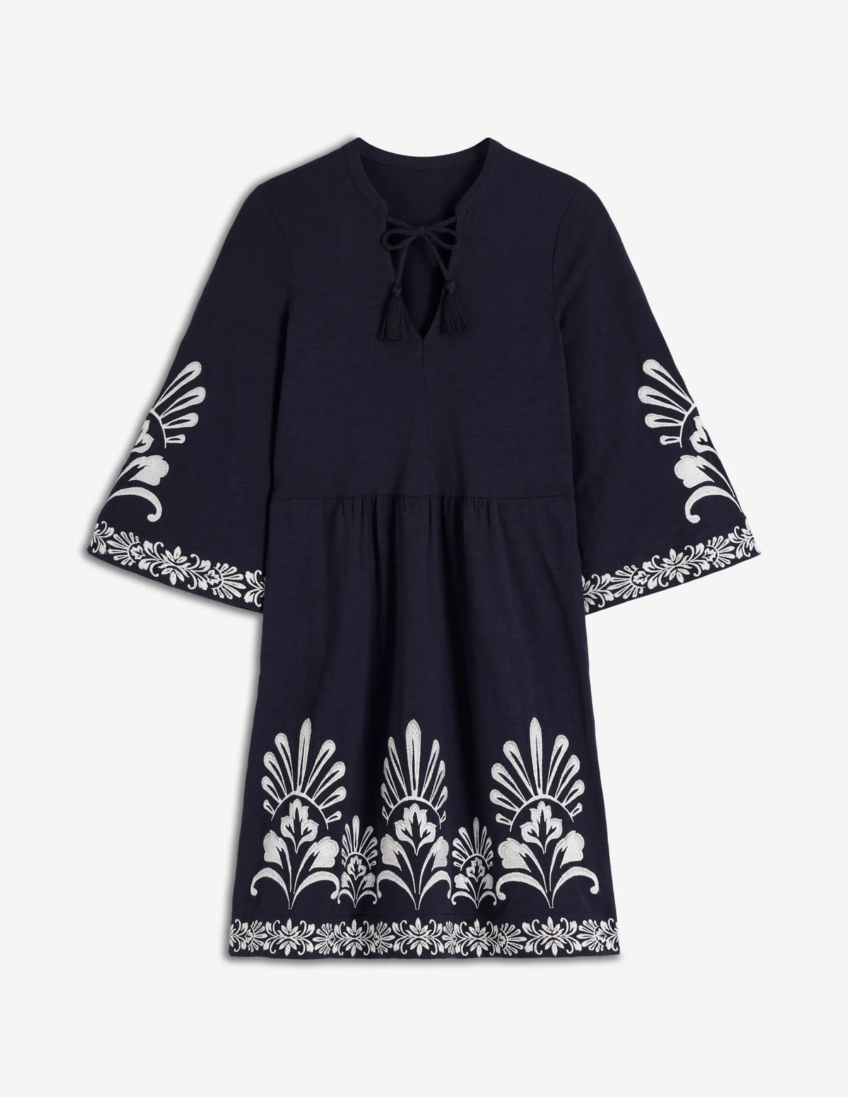Short Kaftan Jersey Dress-Navy Embroidered