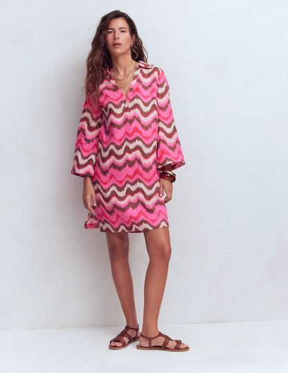 Carmen Linen Short Dress-Pink, Zig Zag Wave