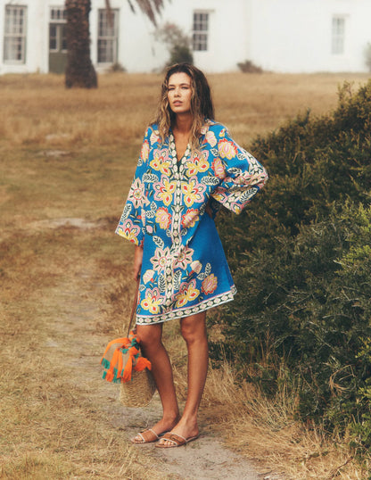 Carmen Linen Short Dress-Blue Blossom Elegance