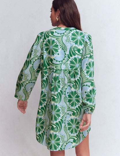 Pia Linen Yoke Tassel Dress-Blue Euphoric Garden
