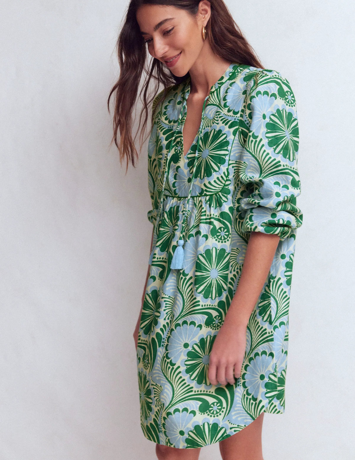 Pia Linen Yoke Tassel Dress-Blue Euphoric Garden