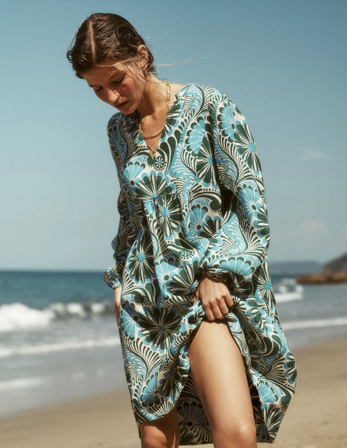 Pia Linen Yoke Tassel Dress-Blue Euphoric Garden