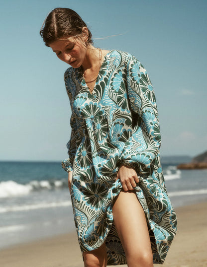 Pia Linen Yoke Tassel Dress-Blue Euphoric Garden