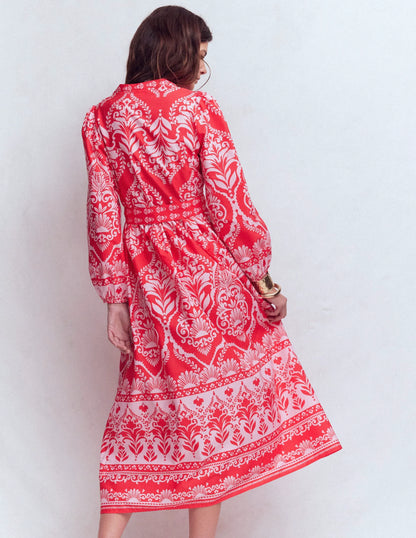 Cary Cotton Midi Dress-Red Ornamental Garden Mono