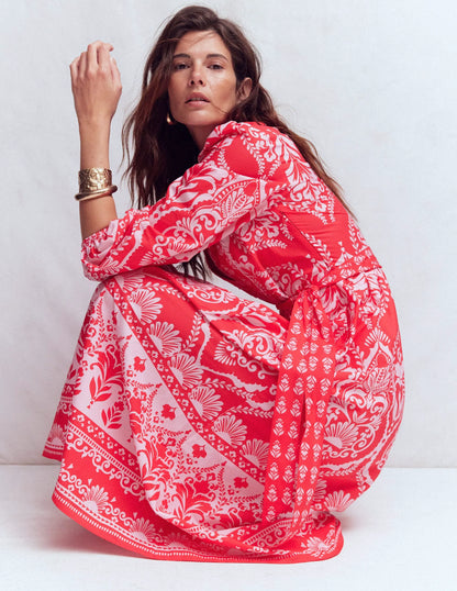 Cary Cotton Midi Dress-Red Ornamental Garden Mono