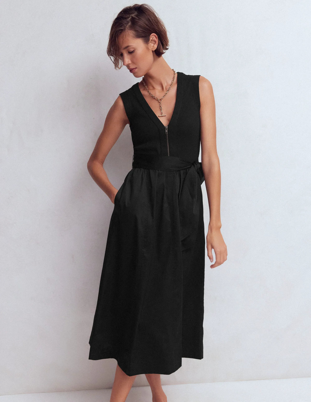 Zip-front Mix Media Dress-Black