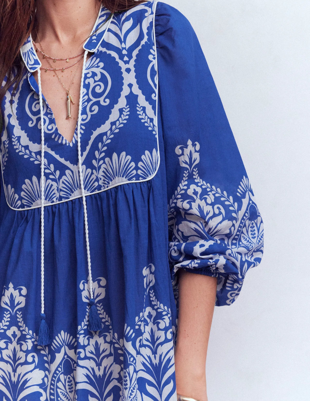 Boho Tie Neck Kaftan-Blue Ornamental Garden